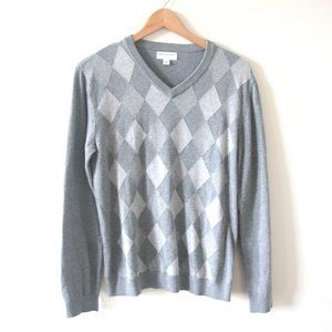 Size M - BANANA REPUBLIC Men's Gray Cotton V-Neck Argyle Knit Sweater